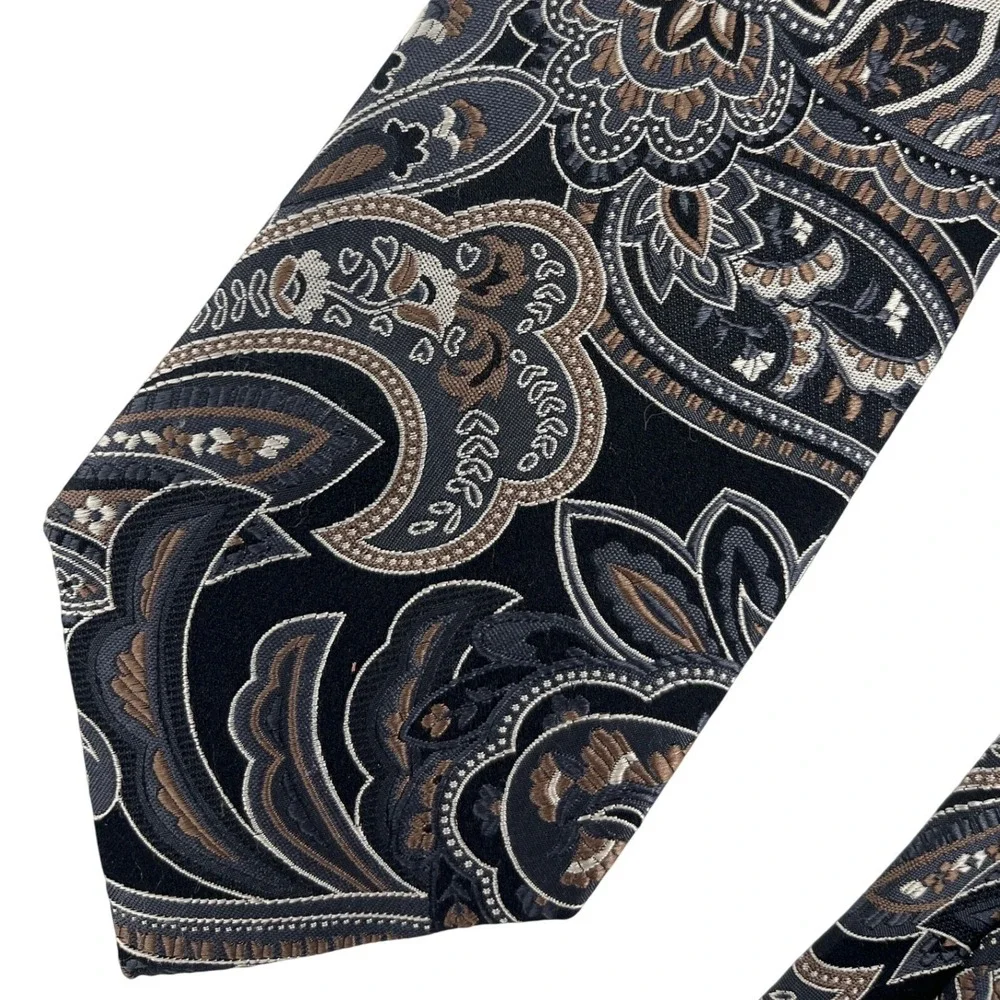 Geoffrey Beene Mens Silk‎ Necktie Black Grey Bronze Paisley Hand Made 58x3.5